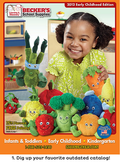 Becker's 2012 Early Childhood Catalog preschool child holding Garden Heroes