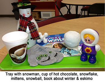 Tray with winter objects: snowman, hot chocolate, snowflake