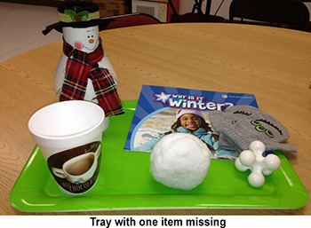 Tray with winter objects: snowman, hot chocolate, snowflake