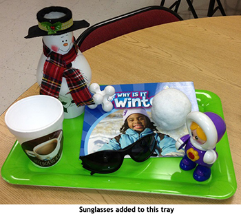 Tray with winter objects: snowman, hot chocolate, snowflake
