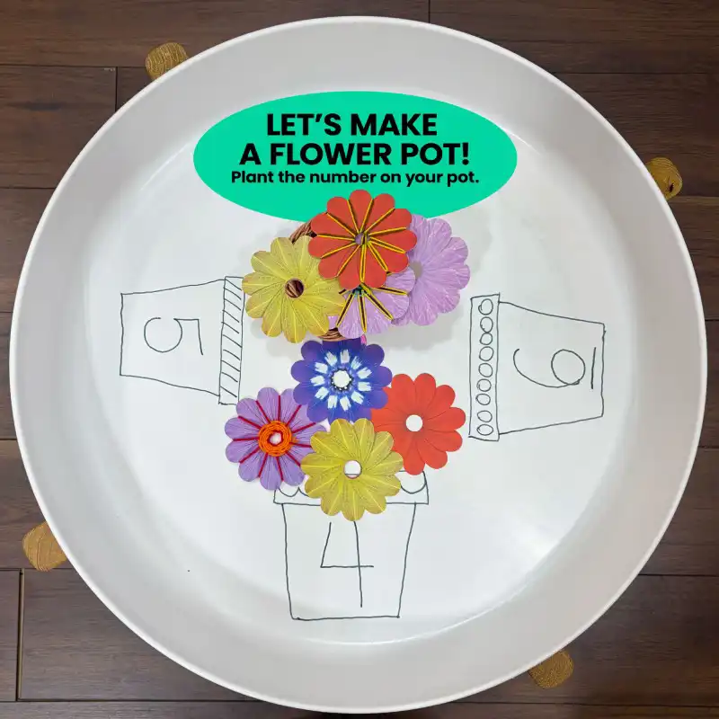 Preschool tuff tray activity using flowers and number stones to build early math skills.