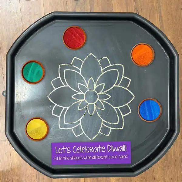 Colorful tuff tray activity inspired by Diwali traditions and cultural learning.
