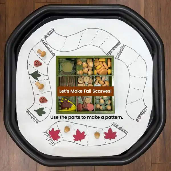 Nature-inspired tuff tray activity that teaches sorting and patterning skills.