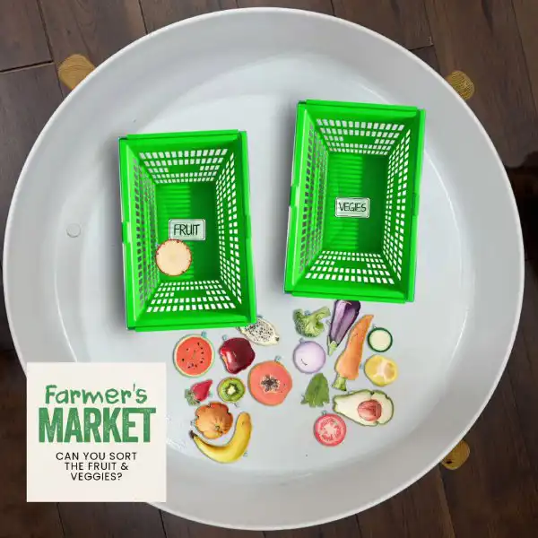 Dramatic play tuff tray activity featuring food sorting and pretend shopping.