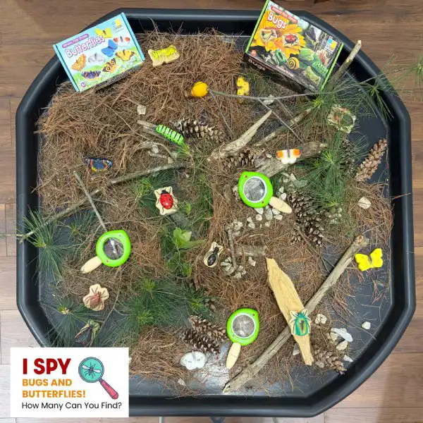 Insect-themed tuff tray activity with magnifiers for science exploration.