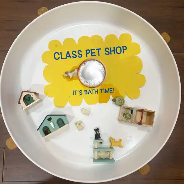 Dramatic play tuff tray activity featuring toy pets and water exploration.