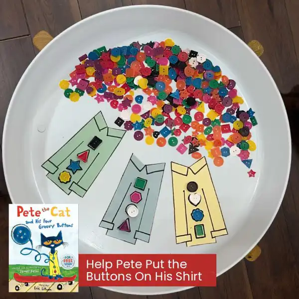 Literacy and counting tuff tray activity inspired by Pete the Cat.