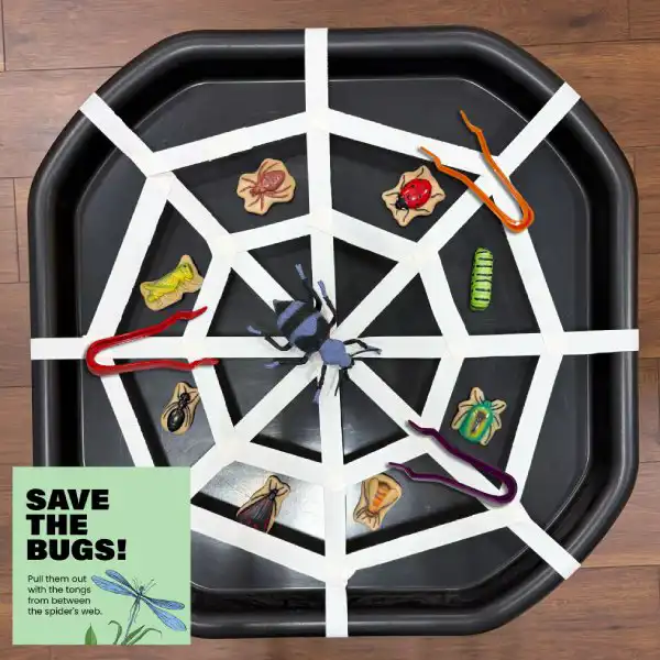 Fine motor tuff tray activity using tweezers to rescue bugs.