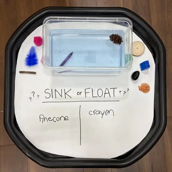 STEM tuff tray activity exploring sinking and floating concepts.