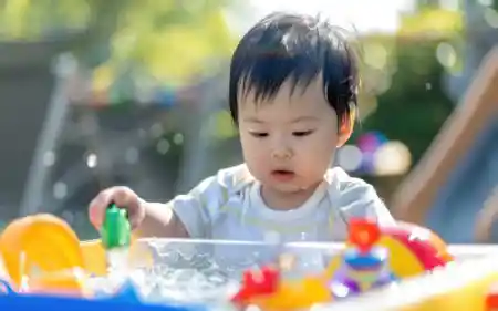 Toddler enjoying outdoor early learning activity in sensory water table