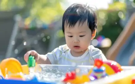 Toddler enjoying outdoor early learning activity in sensory water table