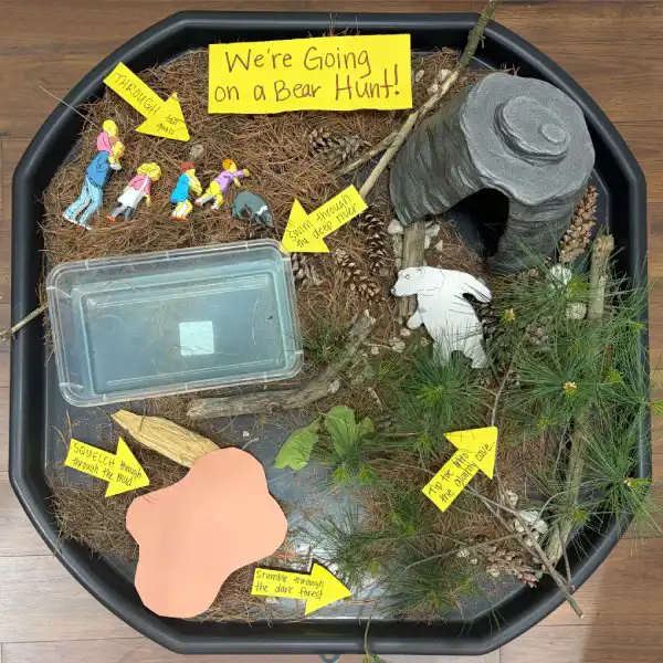 Story-inspired tuff tray activity based on We&rsquo;re Going on a Bear Hunt.