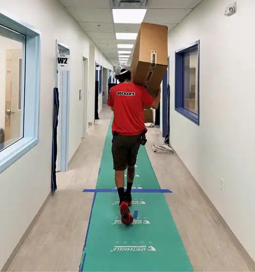 Man carrying in rugs for early learning classroom setups