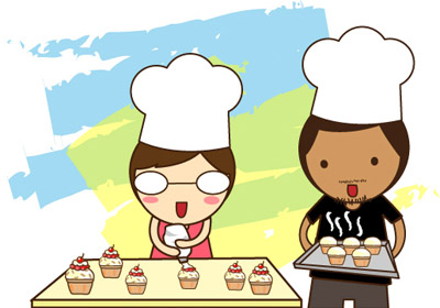 Cartoon bakers in muffin shop baking muffins