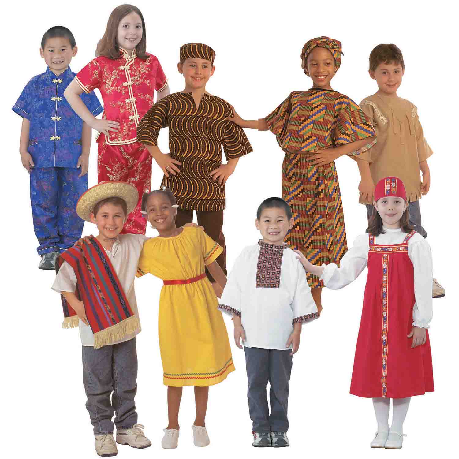 6 x Multicultural clothing and ethnic dressing up costumes for dolls 