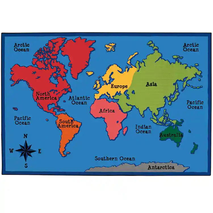 KID$ Value Plus Classroom Rug, World Map, Rectangle 6' x 9'