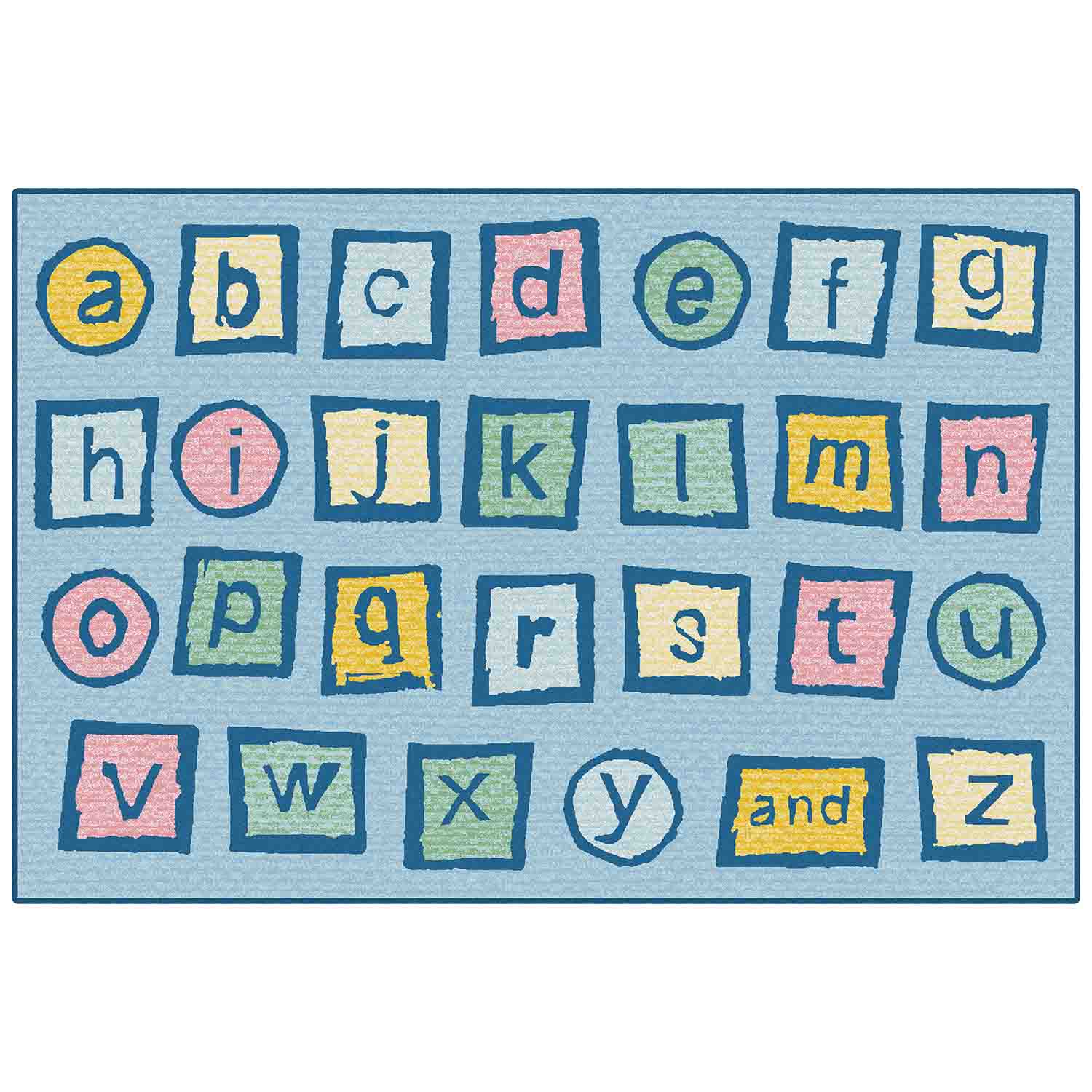 KID$ Value Plus Classroom Rug™, Alphabet Blocks Rectangle 7'6" x 12' Light Blue