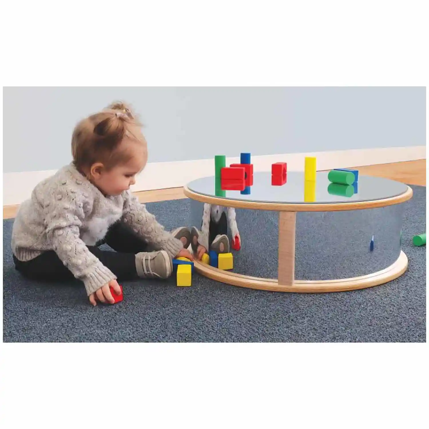 Toddler playing with Round Infant Floor Mirror