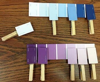 Paint chip samples and clothes pins for Color me Spring Activity